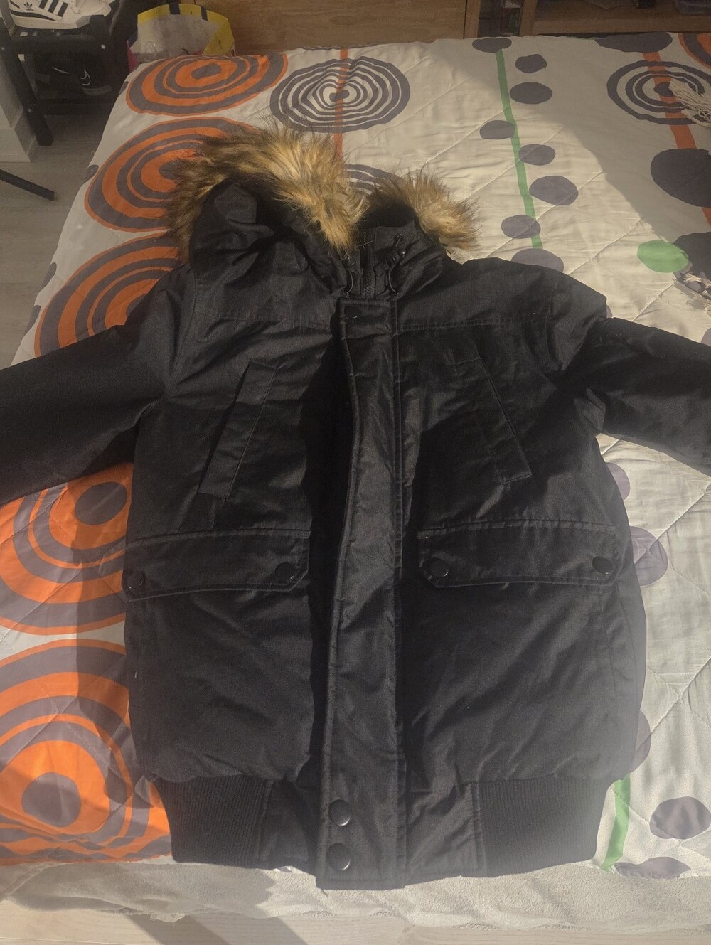 Bluenotes Black Bomber Jacket with Faux Fur Hood Trim